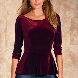 Boston Proper Deep Maroon Velvet Peplum Blouse